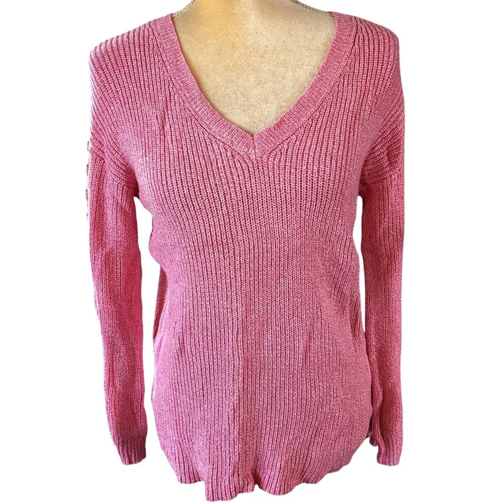 American Eagle Outfitters Pink Ribbed Knit Lace Up Long Sleeves Sweater Small